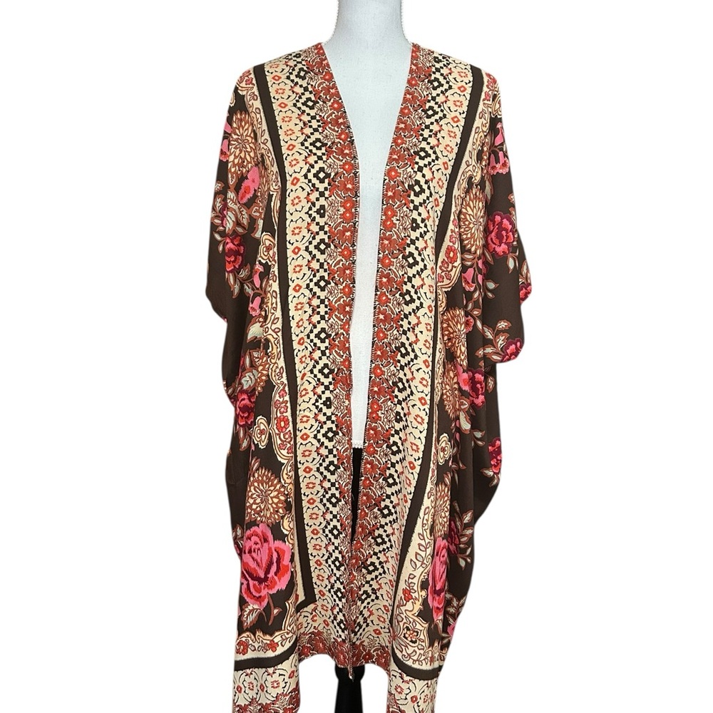 Angie Kimono Floral Duster M Brown Boho Stevie Nicks Western Festival Artsy